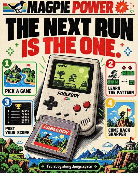 A retro-style poster reads 'MAGPIE POWER: THE NEXT RUN IS THE ONE.' featuring a Fableboy handheld game console with steps '1 PICK A GAME', '2 LEARN THE PATTERN', '3 POST YOUR SCORE', and '4 COME BACK SHARPER'.