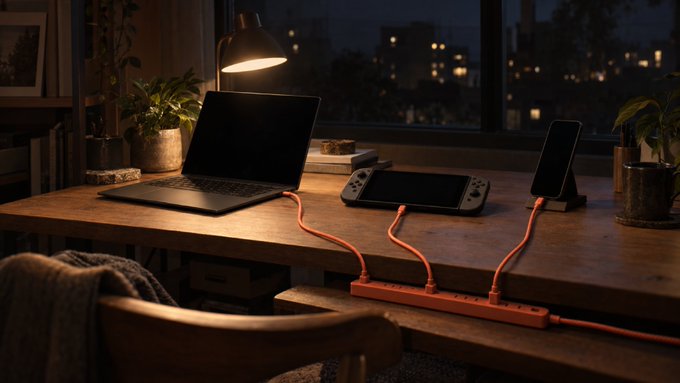A dimly lit desk at night holds a laptop, handheld gaming console, and phone, all connected via orange cables to a single power strip. The scene reflects the post's message by visualizing multiple devices on different platforms sharing one charging hub, suggesting a future where cross-platform gaming is effortless and ubiquitous.
