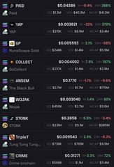 A mobile screen displays a cryptocurrency tracking app showing prices and percentage changes for tokens including PAID, VIP, XRP, Runescape Gold, COLLECT, ANSEM, The Black Bull, DOZAR, $TOXR, TripArt, Hong Kong Tung, and CRIME.