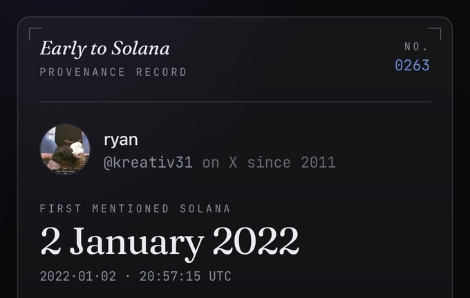 The image features a black background with white text that reads: "Early to Solana Provance Record # No. 0126". The date of the post is "2 January 2020", followed by a description of what has been posted or shared on social media, which consists of a picture taken at the Promenade in Solana and an @ryan mentioning someone named Ryan. There are also two mentions of a person's name, "Creativ3" and "@kruativ3". The text is well-organized within the image, with each piece of information clearly separated from the others.
