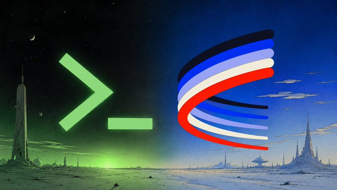 A retro-futuristic sci-fi landscape split between a green-hued moonlit side and a blue-skied side, featuring a command-line prompt symbol and the Aerodrome logo, visually tying the theme of "building" on Base to "launching" on Aerodrome.