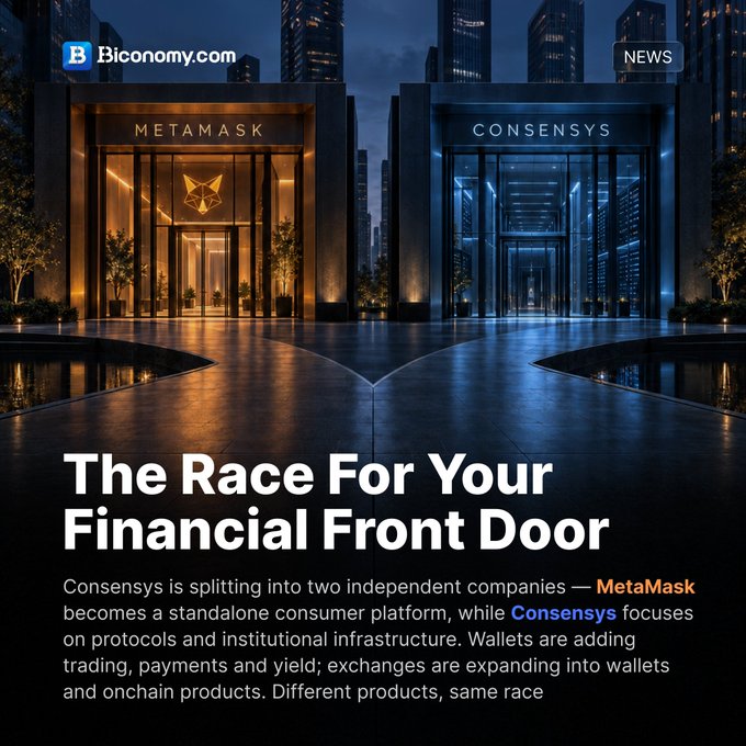 A news graphic from Biconomy.com titled 'The Race For Your Financial Front Door', depicting illuminated buildings labeled 'METAMASK' and 'CONSENSYS' with text about the companies splitting into two independent entities.
