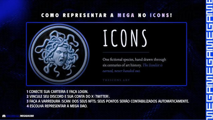 A promotional graphic with the text 'COMO REPRESENTAR A MEGA NO ICONS!' and 'ICONS', featuring a Medusa coin emblem and instructions in Portuguese on a dark blue background.