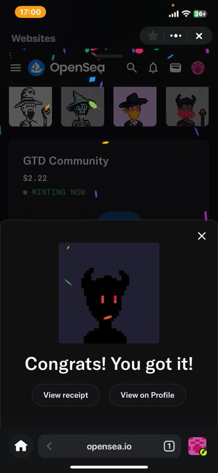 A mobile screenshot of the OpenSea website shows a 'Congrats! You got it!' message for a purchased pixel art NFT item.
