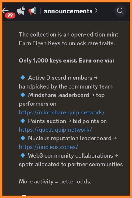 A Discord announcement message describing an open-edition mint where participants can earn Eigen Keys through Discord membership, Mindshare leaderboard, points auction, Nucleus reputation, and Web3 collaborations.