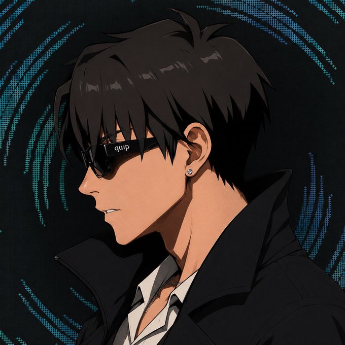 The image features a man wearing sunglasses with the word "quip" written on them. He appears to be dressed in a suit, possibly a trench coat or a jacket, which gives him an air of mystery. The background consists of blue swirls that add a sense of depth and intrigue to the scene. The man's expression is serious as he looks off into the distance, suggesting that he might be deep in thought or contemplating something important.