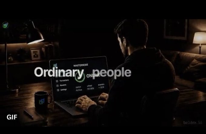 A dimly lit scene showing a person working on a laptop displaying a Masternode interface with 'Ordinary people' text overlay.