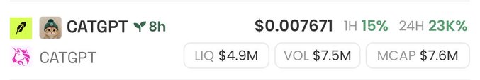 The image shows a cryptocurrency called "CATGPT" priced at $0.007671, with notable metrics including a $7.5M 24-hour trading volume, $7.6M market cap, and a $4.9M liquidity pool. The post's mention of getting rugged aligns with concerns about CATGPT, as the relatively low liquidity ($4.9M) compared to its market cap and recent price surges (15% in 1 hour, 23K% in 24 hours) are classic warning signs of a pump-and-dump scheme commonly seen in Solana meme coins.