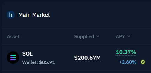 A DeFi interface showing the "Main Market" with an asset called "SOL", supplied at "$200.67M", offering a "10.37%" APY with a "+2.60%" indicator.