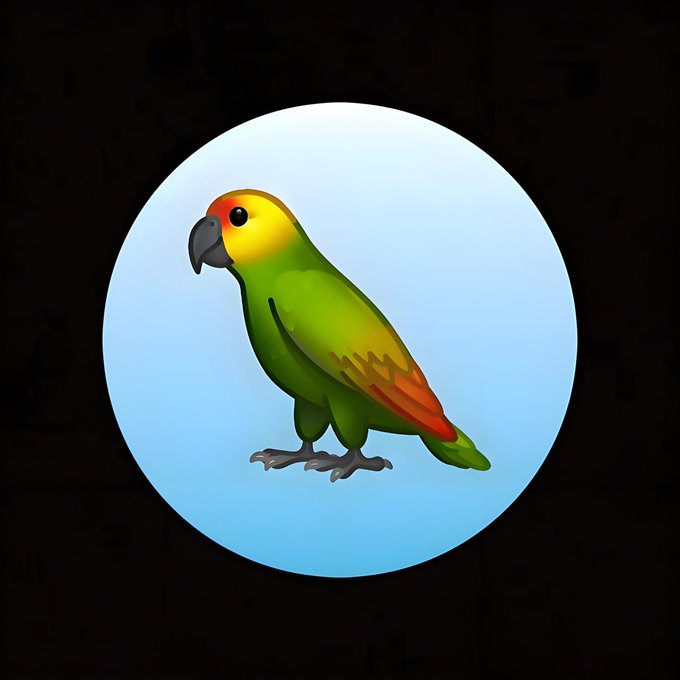A vibrant green, yellow, and red parrot is centered within a glowing blue circle that stands out against the surrounding black background. The bird's bright, innocent plumage visually echoes the post's poetic metaphor of $NIAO as a radiant, untainted "beam of light in the darkness."