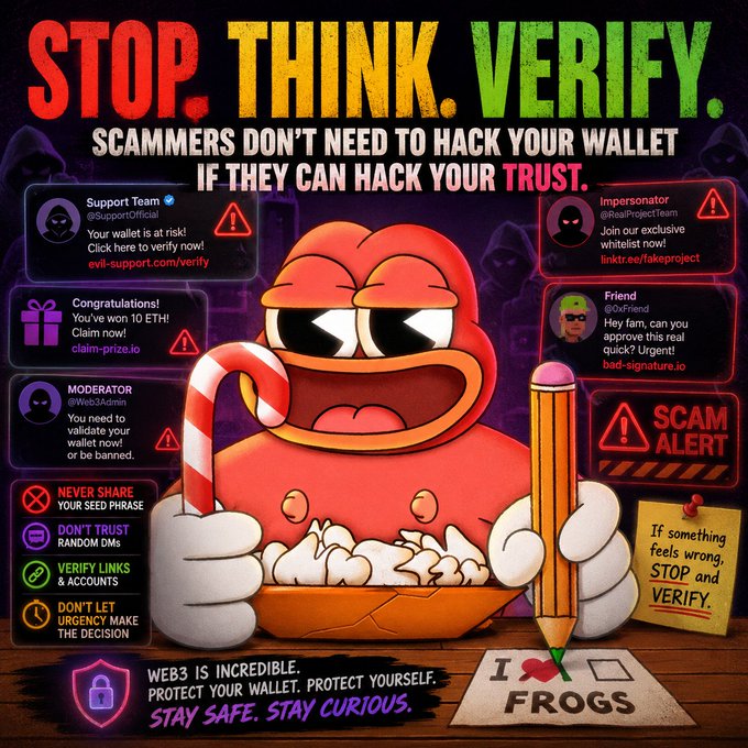 A colorful anti-scam awareness graphic titled 'STOP. THINK. VERIFY.' featuring a red frog mascot holding a candy cane and pencil, warning that 'Scammers don't need to hack your wallet if they can hack your trust' and advising to 'Never share your seed phrase.'