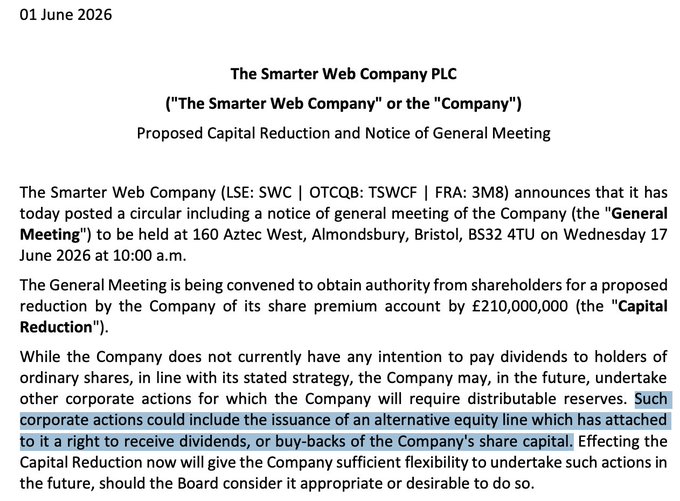 The image shows a document titled "The Smarter Web Company PLC" written by Smarter Web company. The document discusses a capital reduction plan, which could be related to the Saylor perpetual preferred model outside of the US. This model is designed for companies that have a large number of shares and want to distribute them among their shareholders in a way that maintains the value of those shares over time. The document also mentions that this model could be replicated by other companies as well, indicating its potential global application.