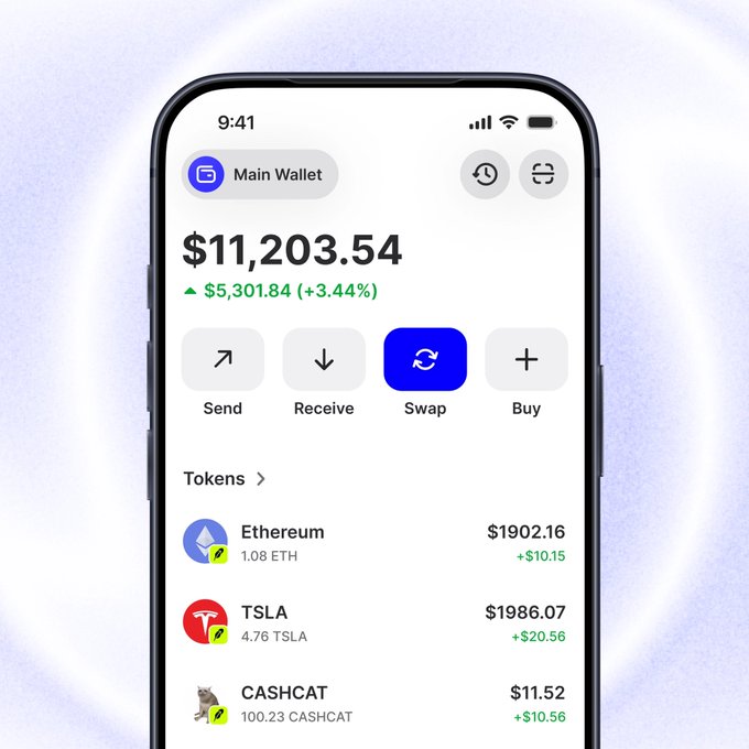 A smartphone displays the Trust Wallet app's "Main Wallet" showing a balance of $11,203.54, with a +$5,301.84 (+3.44%) gain, and features action buttons for Send, Receive, Swap, and Buy above a tokens list including Ethereum (1.08 ETH at $1902.16), TSLA (4.76 shares at $1986.07), and the meme token CASHCAT (100.23 at $11.52)—illustrating Trust Wallet's support for diverse assets like the CASHCAT meme alongside traditional holdings.