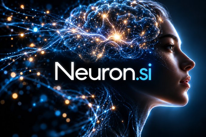 A digital graphic showing a woman's profile with a glowing blue neural network brain, featuring the text 'Neuron.si' in white.