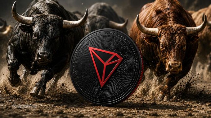 The image shows a black and brown bull charging forward with dust kicking up, symbolizing bullish momentum, alongside a red and black TRON (TRX) cryptocurrency coin. The bulls visually represent the "unrivaled dominance" and powerful market performance TRON is experiencing as a leading force in stablecoin transactions.