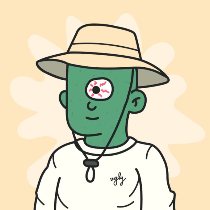 A cartoon illustration of a green-skinned character wearing a wide-brimmed sun hat and a white shirt with 'ugly' written on it, featuring a single bloodshot eye in the center of its face.