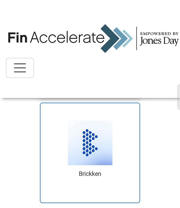 The image shows a “Fin Accelerate” program page powered by Jones Day, featuring a highlighted card for “Brickken.” It supports the post’s announcement that Brickken was selected among 22 fintech companies for FinAccelerate 2026 in Silicon Valley, where CEO Edwin Mata will participate.