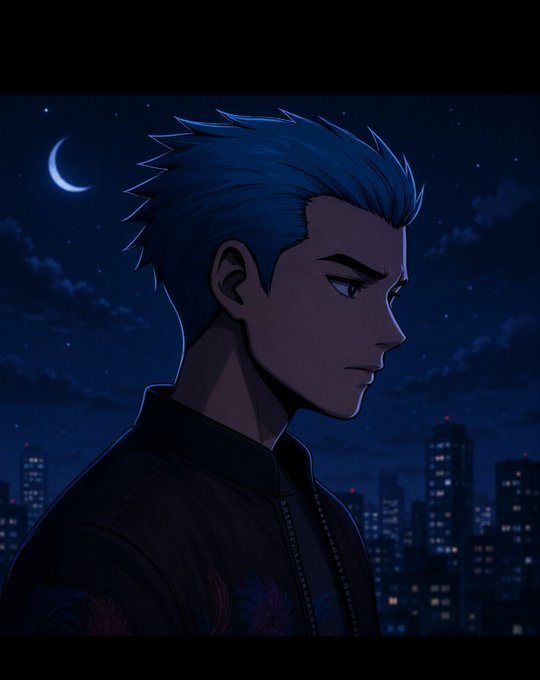 An anime-style illustration shows a young man with spiky blue hair in profile, wearing a dark jacket, set against a night sky with a crescent moon and a cityscape below.