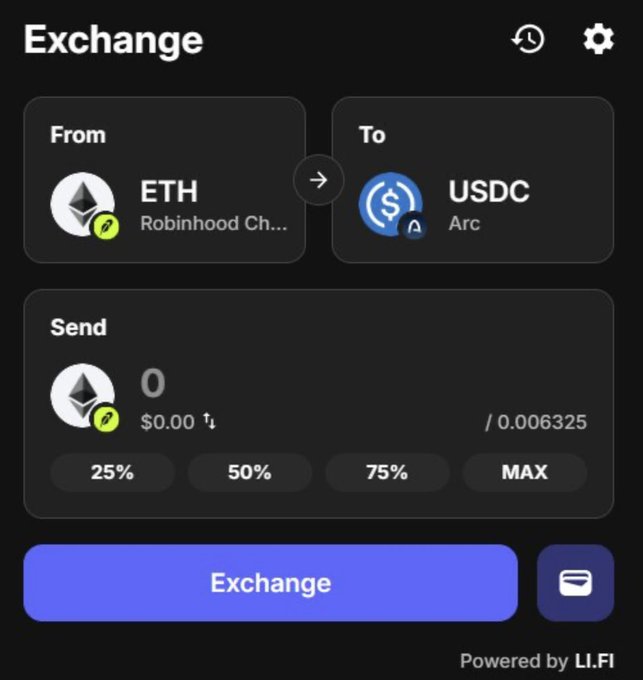 A crypto exchange interface showing an ETH to USDC swap (from Robinhood Chain to Arc), with a send amount of 0 ETH and a rate of /0.006325, powered by LI.FI.