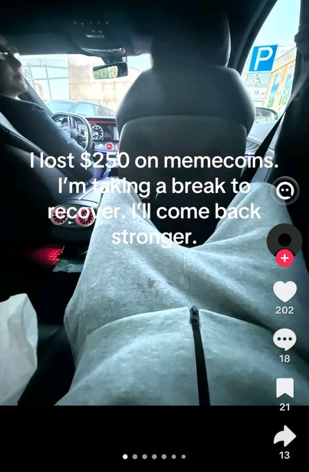 A TikTok-style video screenshot taken from the back seat of a car with text overlay reading 'I lost $250 on memecoins. I'm taking a break to recover. I'll come back stronger.' and showing 202 likes and 13 shares.