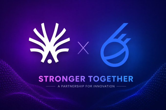 The image displays a promotional graphic announcing a partnership, featuring a white stylized logo alongside a blue "6" logo separated by an "x," with the text "STRONGER TOGETHER — A PARTNERSHIP FOR INNOVATION" beneath them on a purple gradient background, representing the collaboration between ActionModelAI and SIXR Cricket for the new ActionFi campaign offering $100K in rewards.