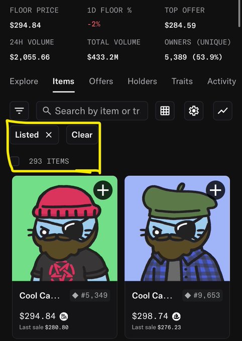 A cryptocurrency NFT marketplace interface showing 'Cool Cats' collection with floor price $294.84, 293 items listed, and a highlighted 'Listed' filter.