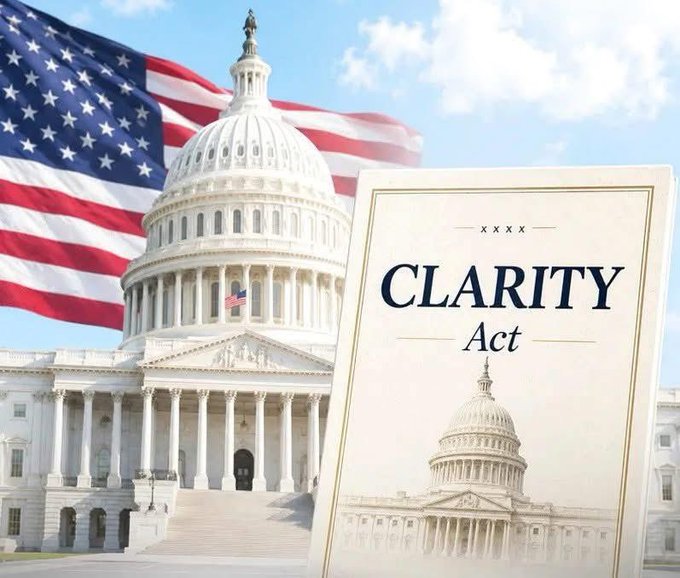 The image features a poster with an American flag, the U.S. Capitol building, and the text "Clarity Act" written above it. The poster also includes a quote from the Senate about the clarity of the act being added to the legislative calendar. The focus on these elements suggests that the poster is promoting or highlighting the importance of the clarity of the act in question.