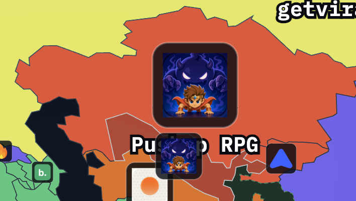 A digital map illustration highlighting a region in orange/red with two game app icons featuring a cartoon character and shadowy figure, labeled 'Puzzle RPG' against a yellow background.