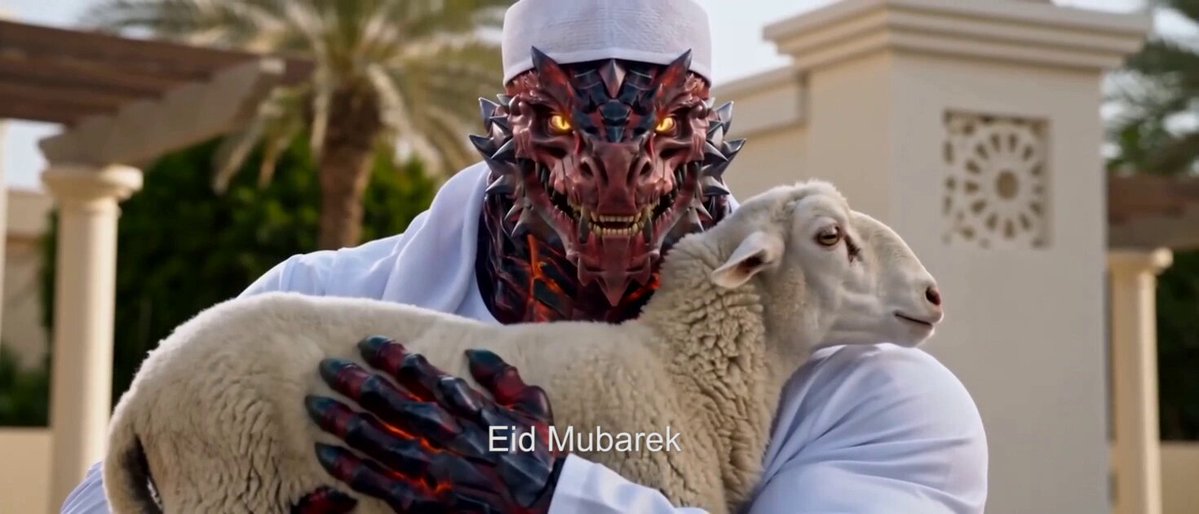 The image features a man wearing a red dragon mask holding a sheep with his arms, while another person can be seen behind him. The background includes palm trees and a building, suggesting an outdoor setting. The caption of the image reads "Eid Mubarak, $KATA Fam! We wish you and your loved ones joy, peace, and prosperity on this special day", indicating that it is related to the Islamic holiday of Eid al-Fitr.