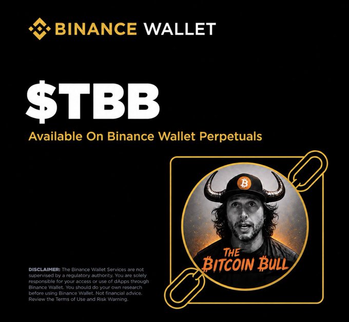 A promotional graphic announcing "$TBB (The Bitcoin Bull) Available On Binance Wallet Perpetuals," featuring a stylized image of a man wearing a horned helmet with a Bitcoin logo, paired with a disclaimer about Binance Wallet Services.

The image directly supports the post's message by visually announcing TBB's new availability on Binance Wallet Perps while reinforcing the "Bitcoin Bull" branding, aligning with the post's emphasis on early access and building awareness before wider adoption.