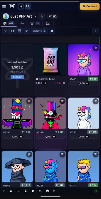 A mobile screenshot of the SentX marketplace displays the "Just PFP Art" collection, featuring a "Forever Mint" listing alongside various NFT characters priced between 764 and 1,557 H, with an instant sell offer of 1,503 H for 5,000 A—showcasing the project's diverse, purpose-driven artwork referenced in the accompanying post.