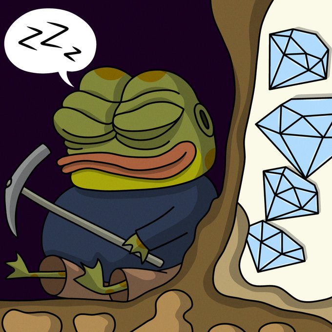 A cartoon of a sleeping Pepe the Frog miner holding a pickaxe next to a wall of large blue diamonds.