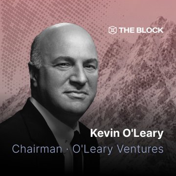 A black-and-white portrait of Kevin O'Leary, Chairman of O'Leary Ventures, set against a pink halftone mountain backdrop, with "THE BLOCK" logo and "Kevin O'Leary / Chairman · O'Leary Ventures" text branding the promotional graphic for his live appearance at Avalanche Summit at 10am ET.