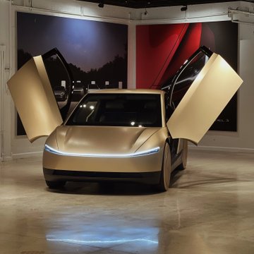 A futuristic gold Tesla robotaxi is displayed with its falcon-wing doors fully open, illuminated against a dramatic red curtain backdrop. The sleek vehicle visually embodies Tesla's expanding $TSLA autonomous fleet, symbolizing the milestone of surpassing 1,000 robotaxis for the first time.