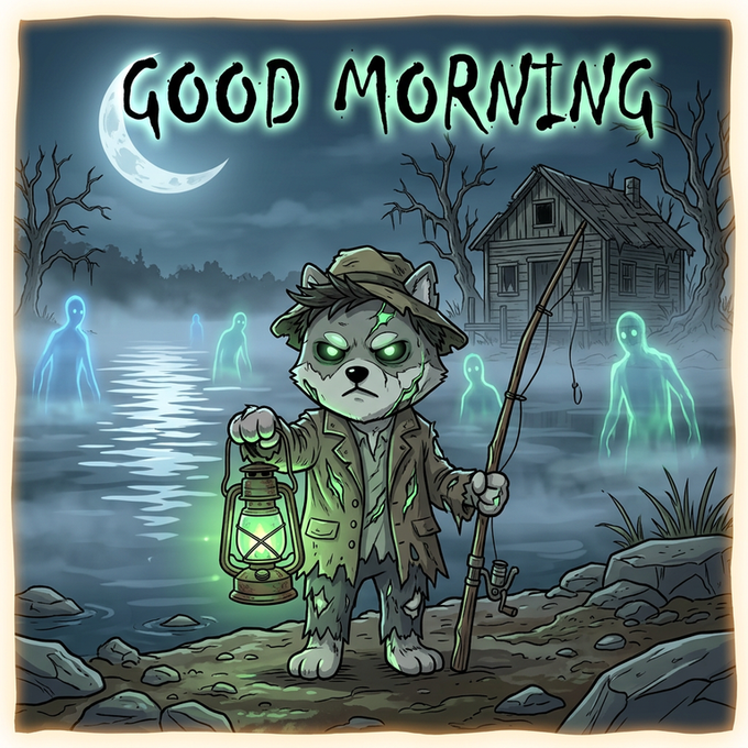 An illustrated cartoon scene titled 'GOOD MORNING' featuring a zombie cat fisherman holding a green lantern and fishing rod, standing on a misty shore with blue ghost figures, a crescent moon, and a dark wooden house in the background.