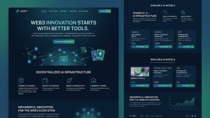 AINFT website mockup with the headline 'WEB3 INNOVATION STARTS WITH BETTER TOOLS,' showing sections on Decentralized AI Infrastructure and Available AI Models including Generative Art AI, Smart Contract Auditor AI, and Dynamic NFT Generator AI.