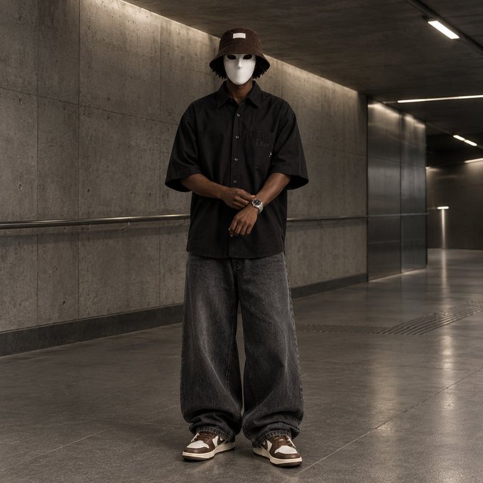 A fashion photograph of a person wearing a black bucket hat, black button-up shirt, oversized dark jeans, and brown and white sneakers, posing in a concrete tunnel hallway.