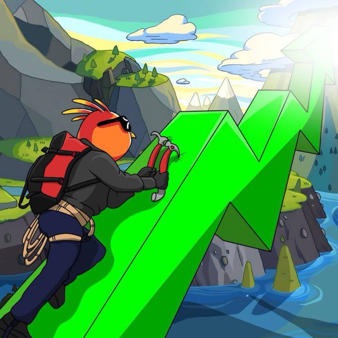 A cartoon cardinal climber with a backpack and climbing gear ascends a steep green upward-trending arrow, with a rugged mountain landscape and sunrise in the background, symbolizing the determined, prepared climb toward the $PHNIX token's rise on the #XRPL #Crypto path.