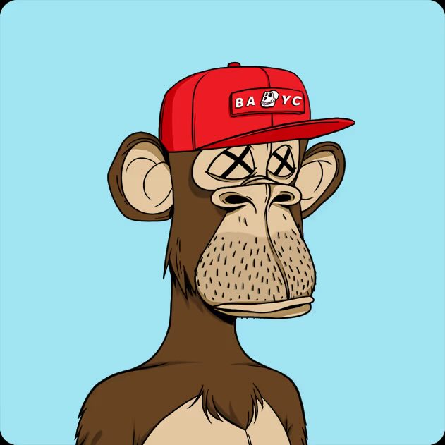 A cartoon Bored Ape-style monkey character with X eyes wearing a red cap that reads 'BAYC'.