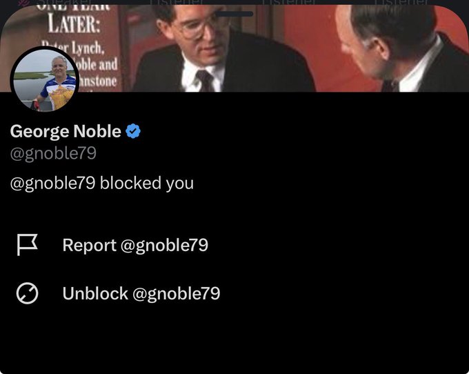 A screenshot of a Twitter/X profile page showing that user @gnoble79 has blocked the viewer, displayed over a background image from the TV show Seinfeld with an "Old Year Later: Peter Lynch" caption visible. The post humorously frames being blocked by @gnoble79 as the behavior of an old-school "Bitcoin hating warlord" who invests in $TBB instead.