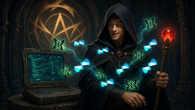 A digital artwork depicting a hooded mage holding a glowing red staff, surrounded by floating green butterflies and DNA helix shapes, with a laptop displaying code and a pentagram symbol in the background.