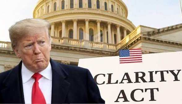 Donald Trump appears in the foreground with the U.S. Capitol building behind him, alongside a sign reading 'CLARITY ACT' with an American flag.