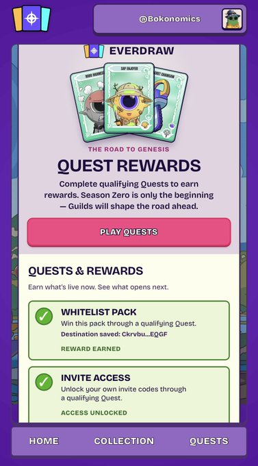 A screenshot of the Everdraw "Quest Rewards" page showing a "The Road to Genesis" banner with cards and a pink "Play Quests" button, highlighting a Whitelist Pack and Invite Access both marked as earned/unlocked. This supports the post by showcasing the gameplay rewards the user is enjoying in Everdraw.