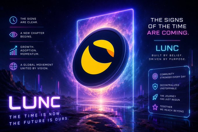 A futuristic neon-themed promotional graphic for the LUNC (Terra Luna Classic) cryptocurrency features the token's circular yellow logo at the center of a glowing portal, surrounded by text highlighting "THE SIGNS OF THE TIME ARE COMING," "LUNC — BUILT BY BELIEF. DRIVEN BY PURPOSE," and key messages like "GROWTH ADDITION MOMENTUM," "A GLOBAL MOVEMENT UNITED BY VISION," and "THE TIME IS NOW. THE FUTURE IS OURS." The image visually reinforces the post's #LUNC message by framing the token as a rising, community-driven movement on the brink of a new chapter.