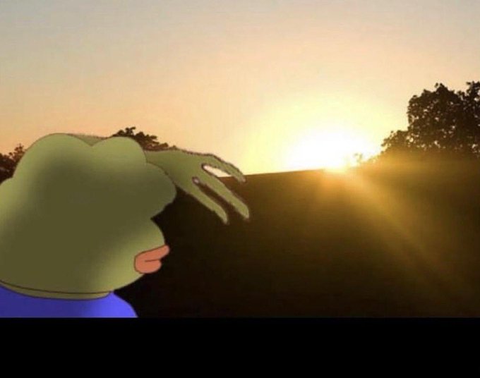 A cartoon frog with green skin and a blue shirt gazes into a vibrant sunset, with its hand raised near the rising sun over a dark landscape.