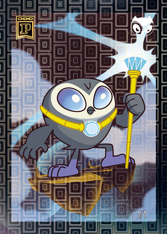 A digital trading card labeled 'P' featuring a cartoon owl-like character wearing a yellow collar with a blue gem, holding a staff topped with a glowing white creature, marked '1/1'.
