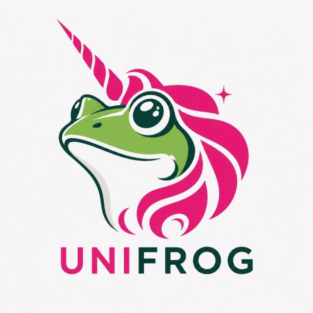 A logo design featuring a green frog head with a pink unicorn horn and mane, with the text 'UNIFROG' below it.