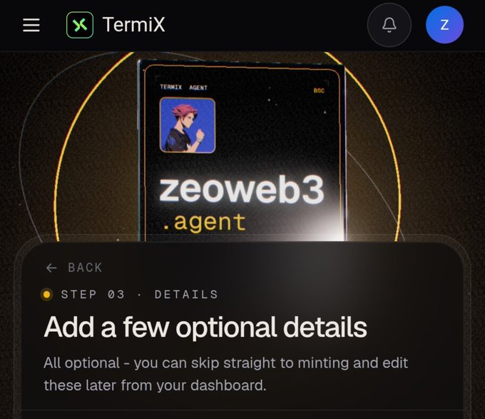 A screenshot of the TermiX website showing a user profile for 'zeoweb3.agent' with text 'STEP 03 · DETAILS' and 'Add a few optional details' with the note 'All optional - you can skip straight to minting and edit these later from your dashboard.'