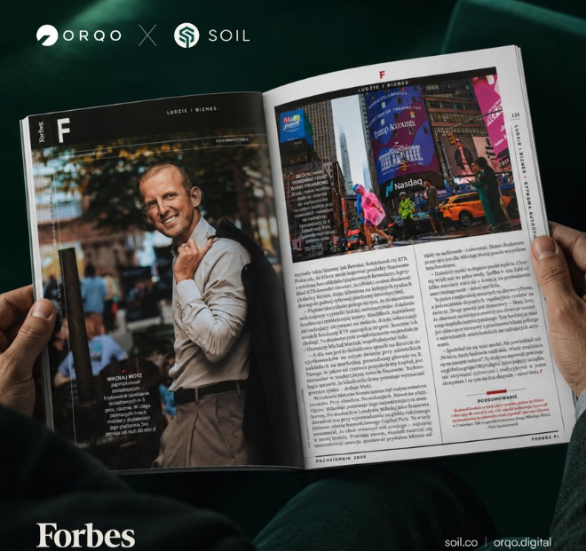 A Forbes magazine article featuring a Forbes 'People' section with a portrait of Michael Moritz, with 'ORQO X SOIL' logos at the top.