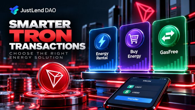 An advertisement for 'JustLend DAO' titled 'SMARTER TRON TRANSACTIONS' offering options for 'Energy Rental,' 'Buy Energy,' and 'GasFree,' with visuals of a smartphone displaying USDT and USDC transfer options.